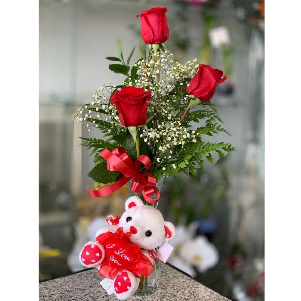 Sending My Love Arrangement and small Teddy Bear - Shalimar Flower Shop