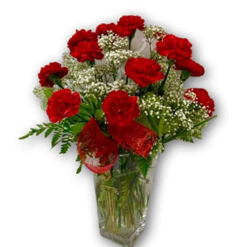 Lovely Red Carnation Arrangement in Polish Vase - Shalimar Flower Shop