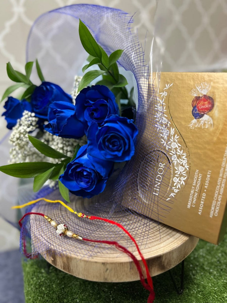 Rakhi Combo - Rakhi, Blue Roses & Chocolates - Shalimar Flower Shop