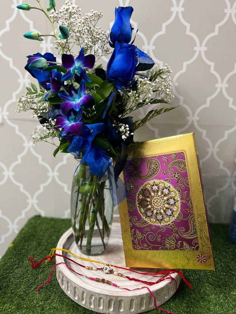 Rakhi Combo - Rakhis, Blue Orchid & Roses, Sweets - Shalimar Flower Shop
