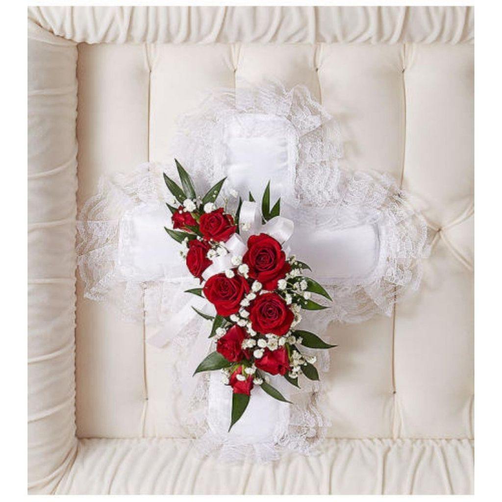Satin Cross Casket Pillow Red - Shalimar Flower Shop