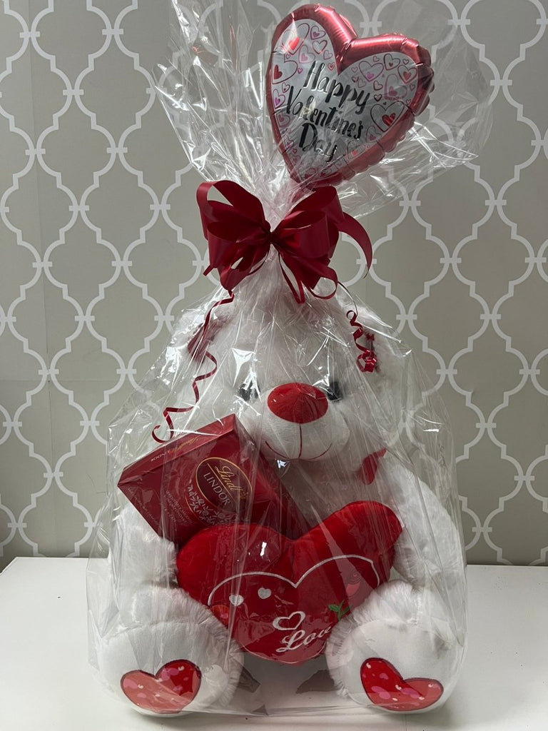 White Love Teddy with Lindor and Balloon Combo - Shalimar Flower Shop