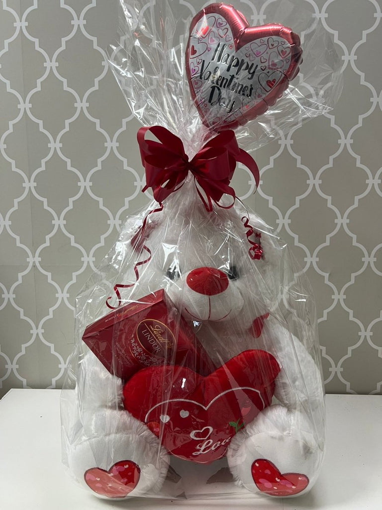 White Love Teddy with Lindor and Balloon Combo - Shalimar Flower Shop